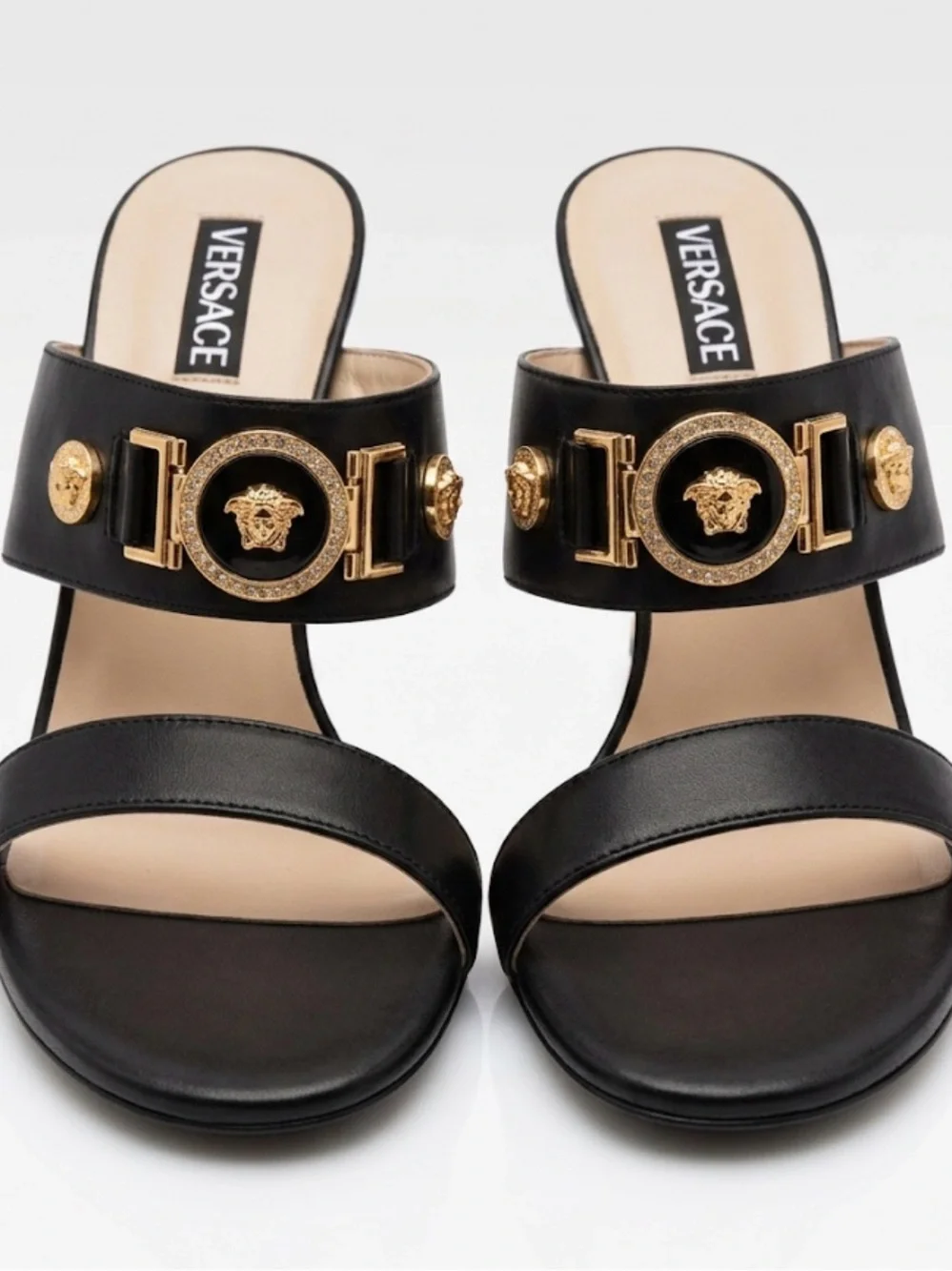 Versace Black Leather Crystal Medallion Slide Heels ( COPY) - Picture 1 of 7